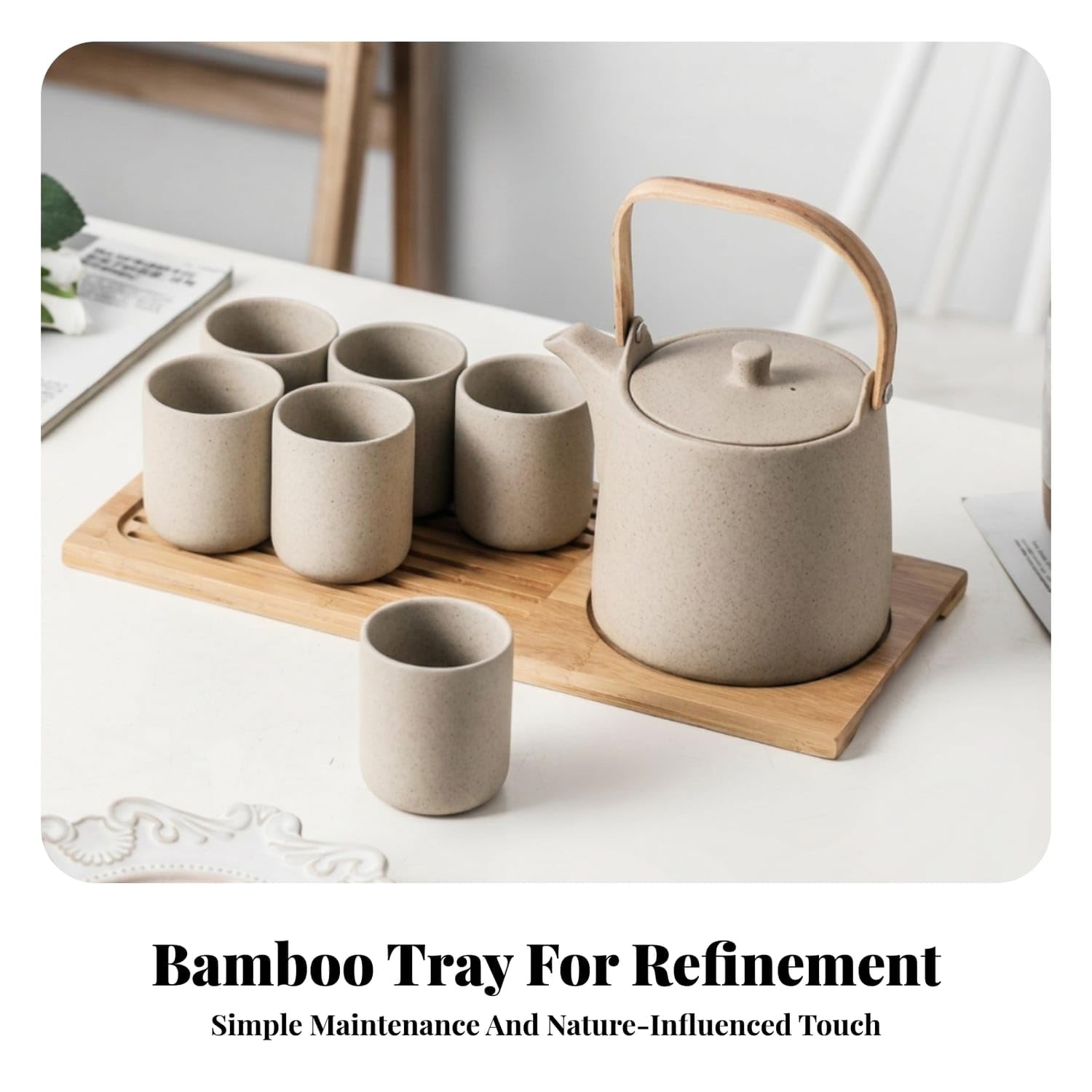 ZOOMELLA Rustic Style Ceramic Tea Set Speckled Finish Wood Tray